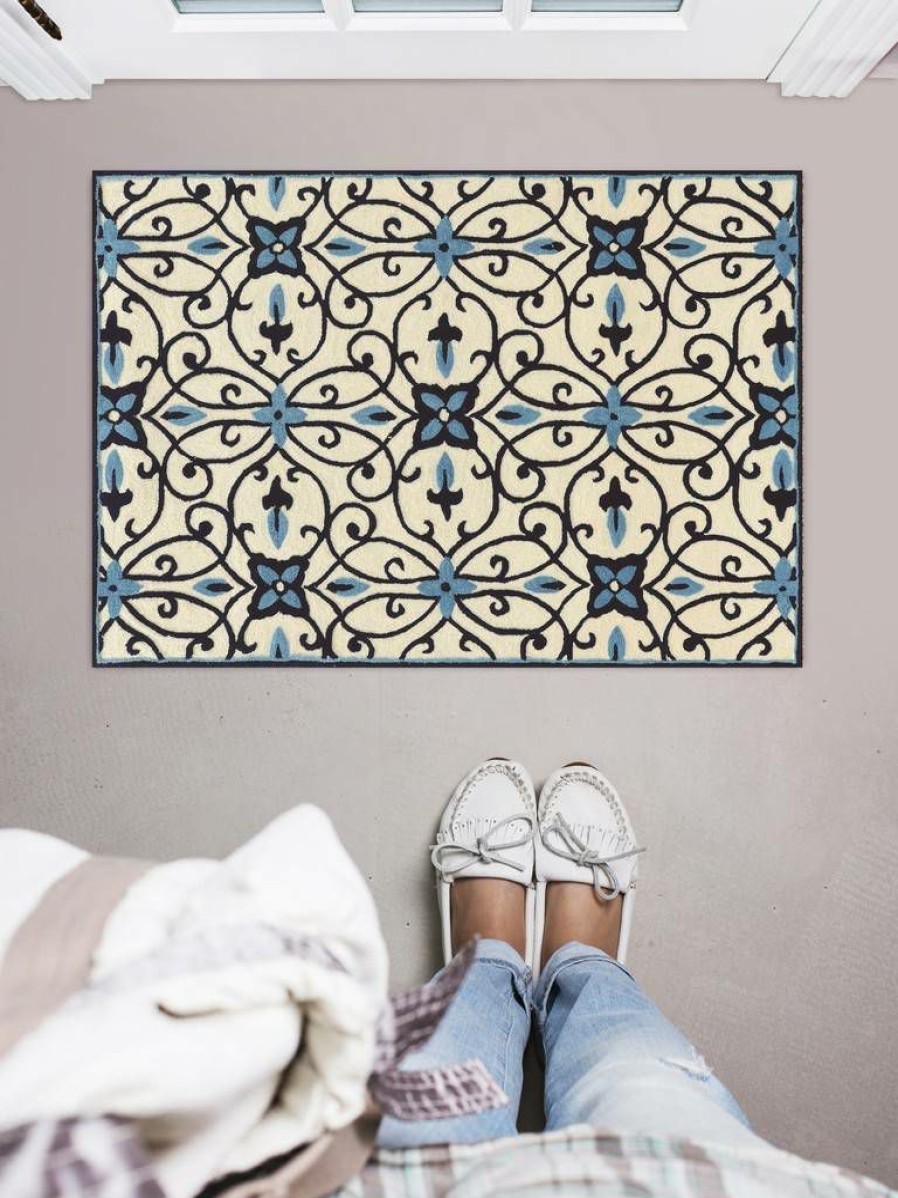 Rugs * | Exclusive Design Trio Gardenia Ivory & Blue 1.10 2.10 Linon Home Decor Rugta70423