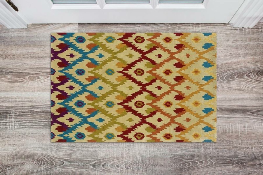 Rugs * | Top Sellers Trio Ikat Sand & Teal 1.10 2.10 Linon Home Decor Rug-Tae0223