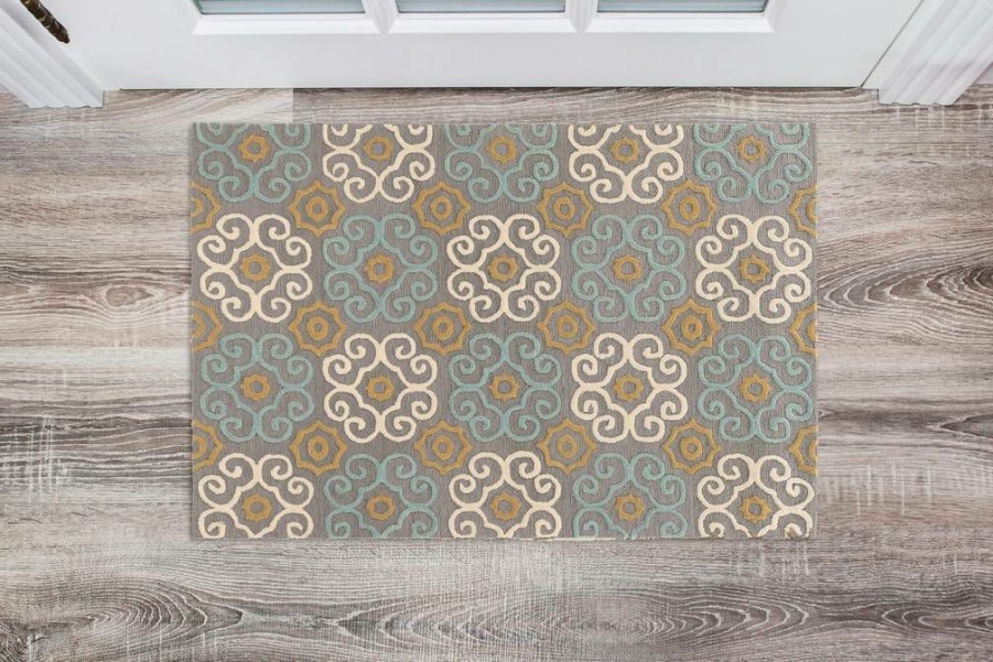 Rugs * | Online Sales Trio Clara Grey & Aqua 1.10 2.10 Linon Home Decor Rugta55423