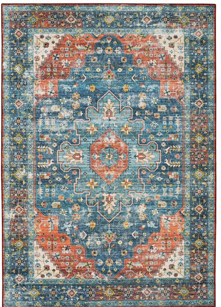 Rugs * | Exclusive Design Washable Markum Teal/Rust 3 5 Linon Home Decor Rugwr1635