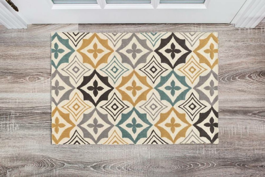 Rugs * | Top Sellers Trio Emblem Ivory & Grey 1.10 2.10 Linon Home Decor Rugta56123