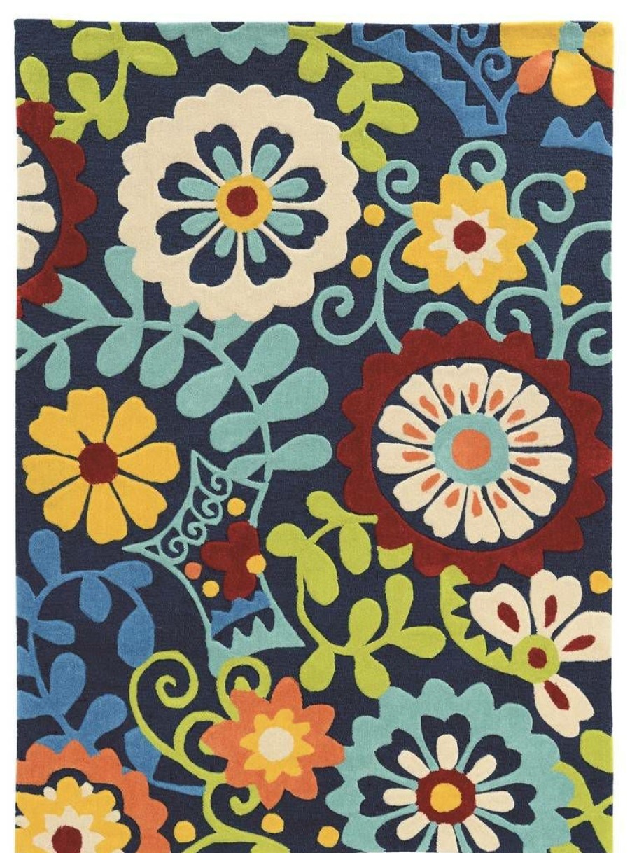 Rugs * | Crazy Deals Trio Frond Navy & Blue 1.10 2.10 Linon Home Decor Rugta41023