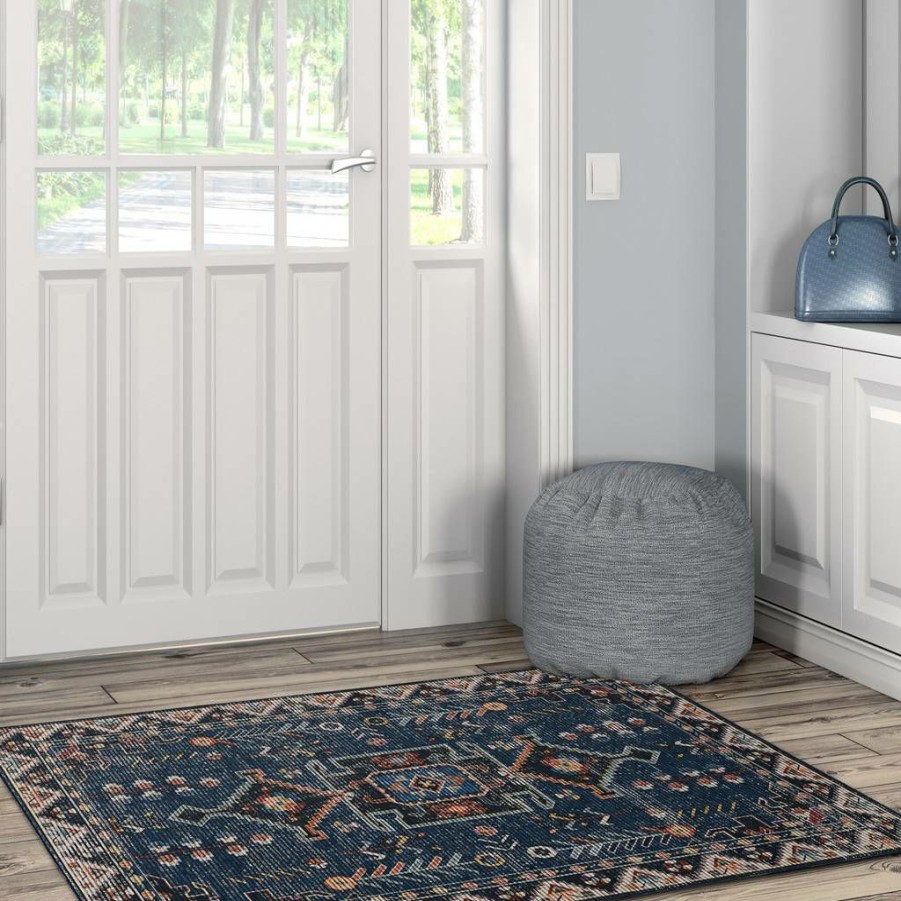 Rugs * | Special Washable Larson Navy/Ivory 3 5 Linon Home Decor Rugwr0735