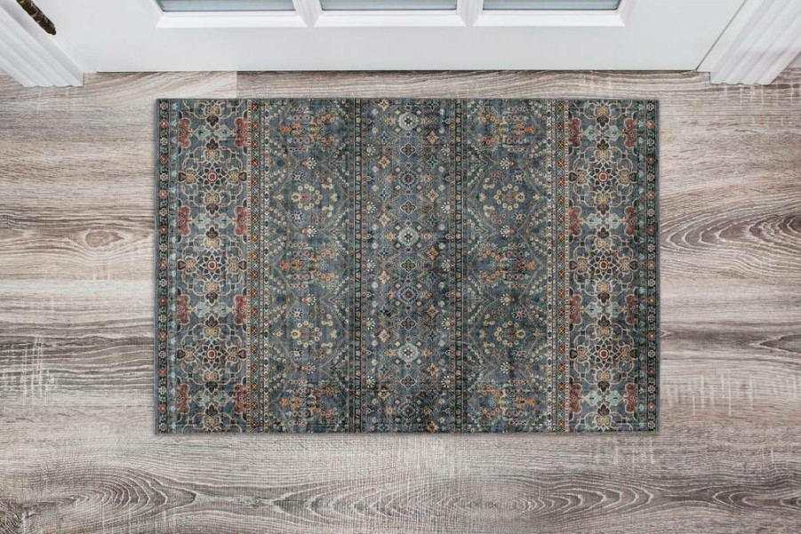 Rugs * | Fashion Washable Grant Teal/Ivory 2 3 Linon Home Decor Rugwr1823