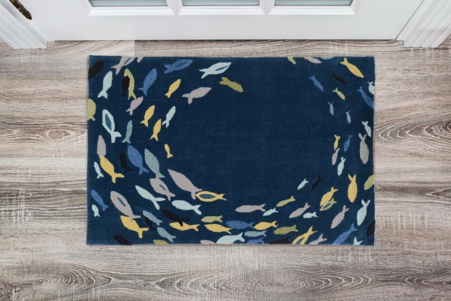 Rugs * | Quick Delivery Trio Fish Navy & Multi 2 3 Linon Home Decor Rugta58523