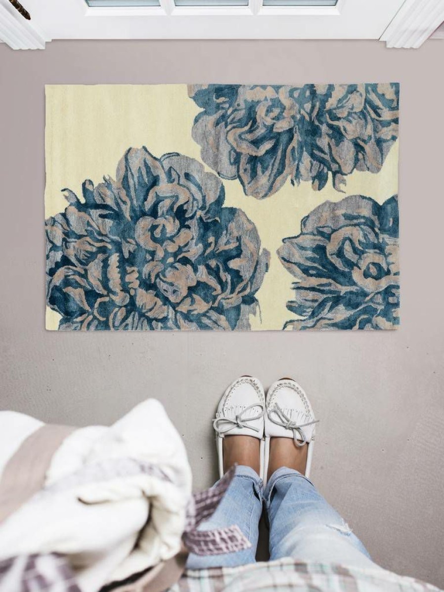 Rugs * | Quick Delivery Aspire Wool Floral Ivory & Navy 2 3 Linon Home Decor Rugae3023